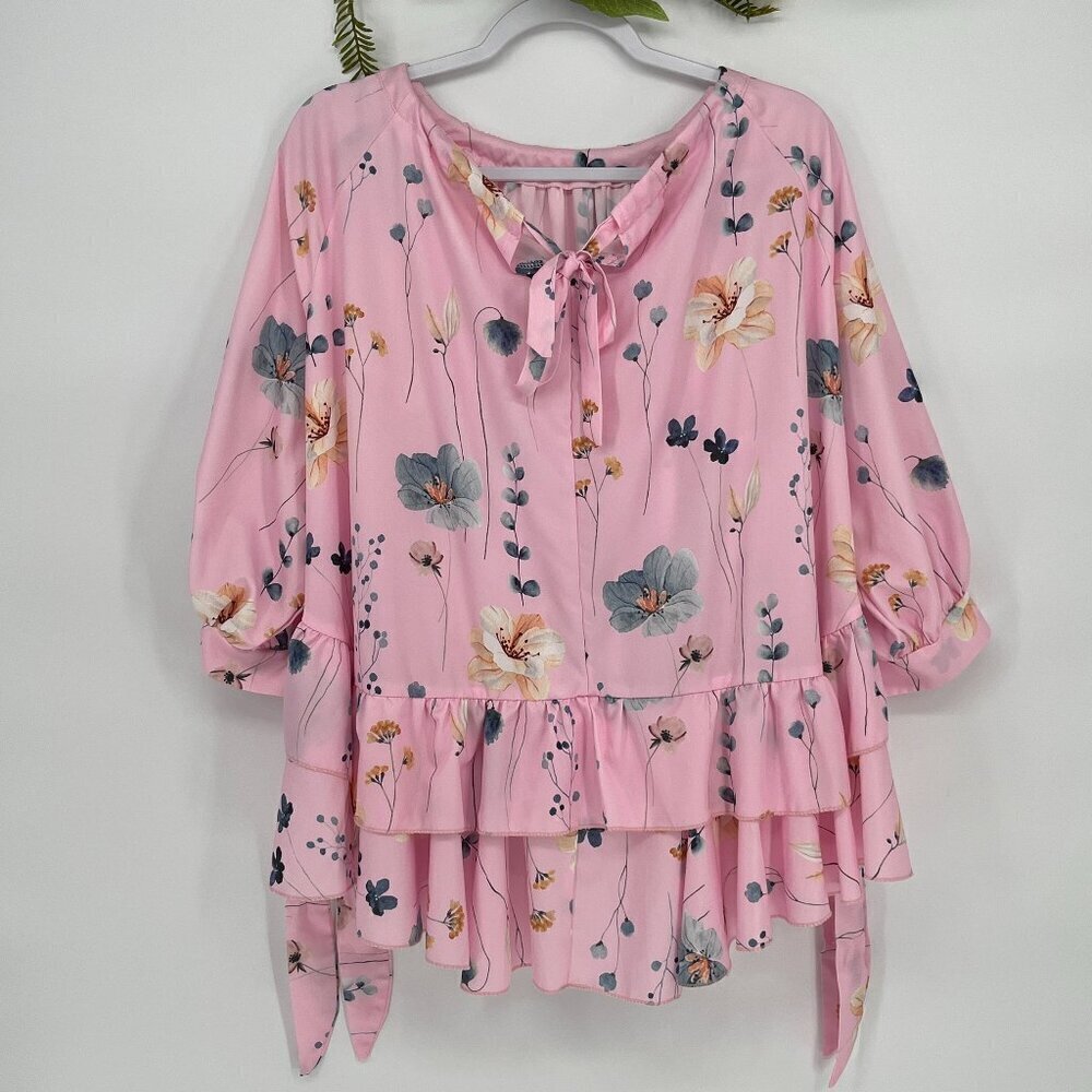 CHICME Pink floral Open Sleeves Tiered Pearl Button Oversized Cottagecore Blouse